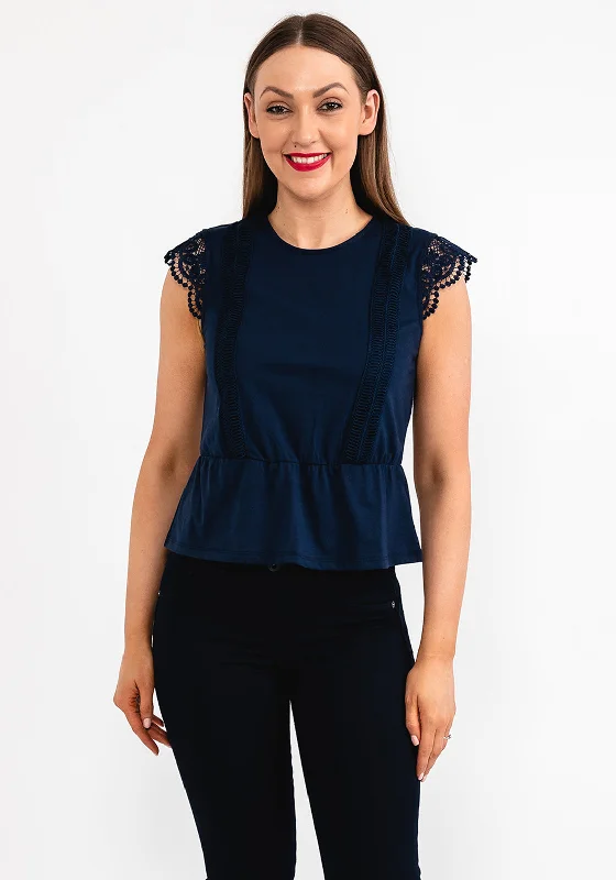 Vero Moda Caia Lace Trim Peplum Top, Navy Blazer