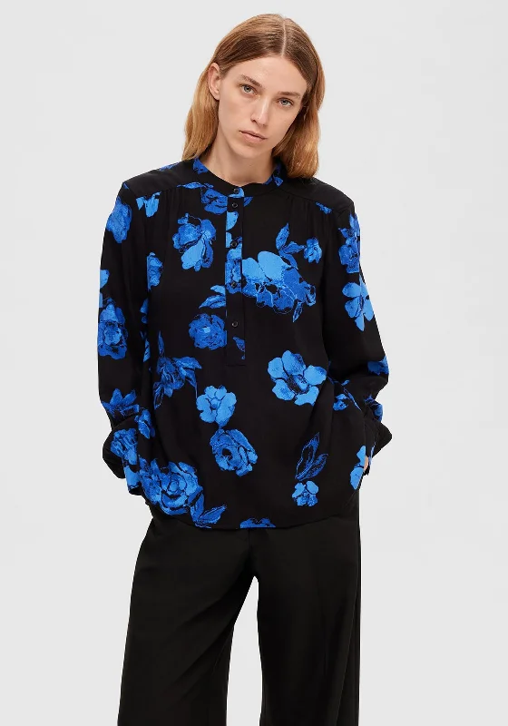 Selected Femme Katrina Floral Print Blouse, Blue & Black