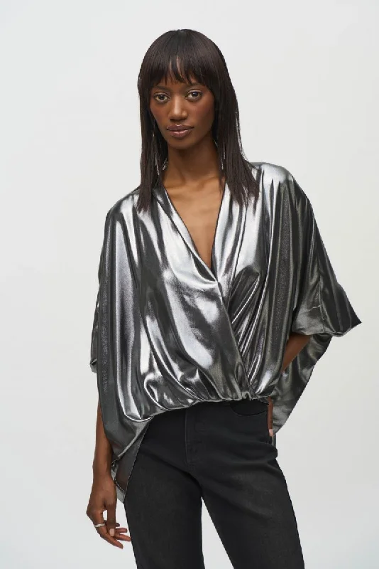 Joseph Ribkoff Pewter Metallic Foiled Chiffon Blouson Top 244232