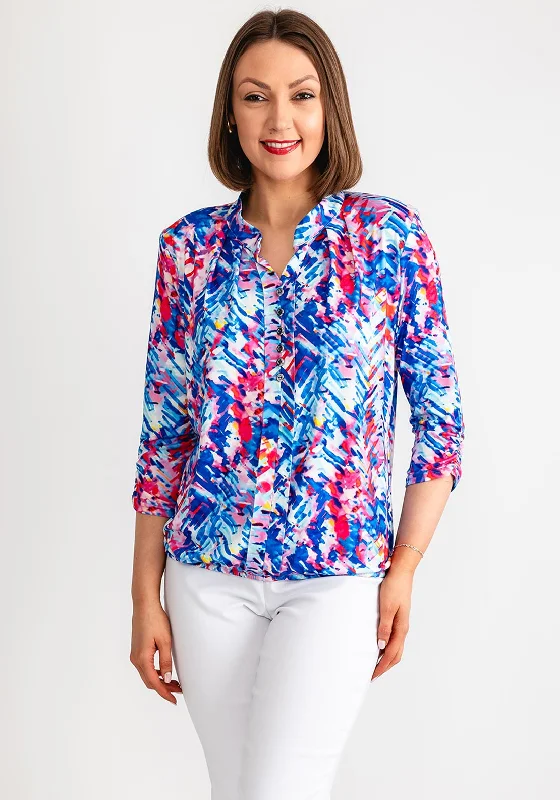 Leon Collection Abstract Print V Neck Top, Blue Multi-Coloured