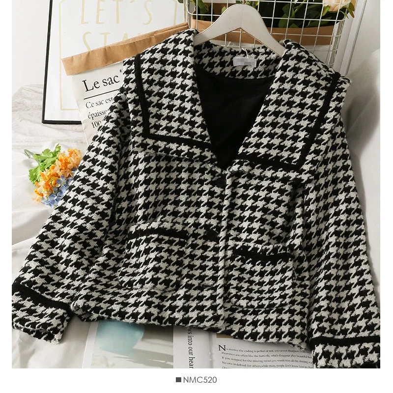 Loose and thin thousand bird check cardigan thickened coat in autumn and winter  2091