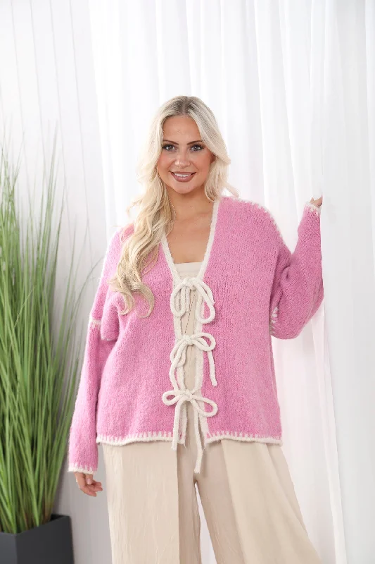 Stitch Tie Front Cardigan Pink