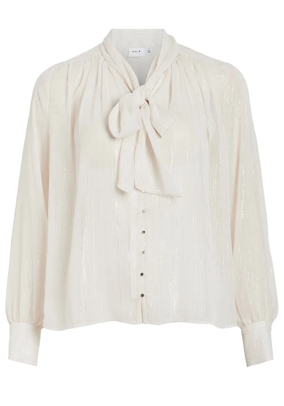 Vila Metallic Bow Tie Neck Blouse, Snow White