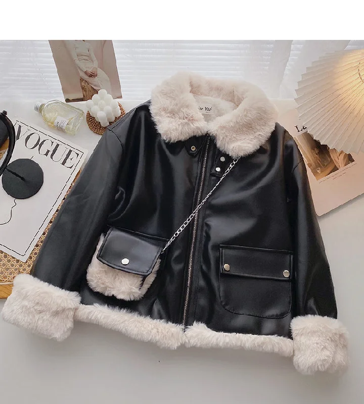 Plush coat fashion retro loose long sleeved PU leather clothes delivery bag  6220