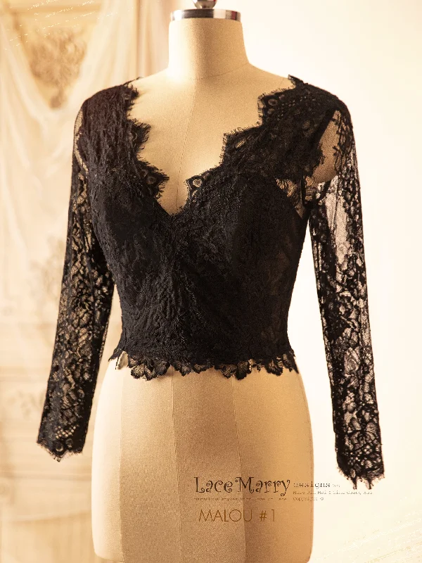 MALOU #1 / Black Lace Bridal Crop Top with Long Sleeves