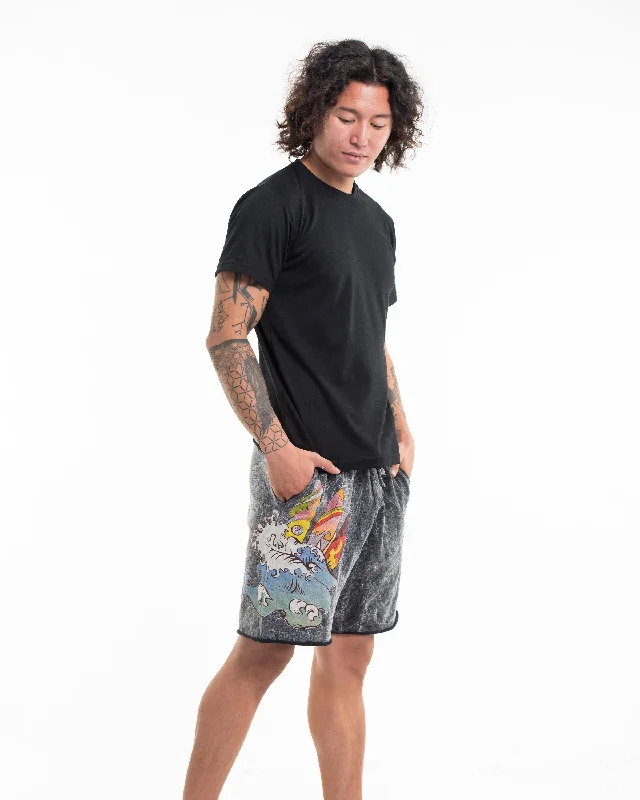 Unisex Wave Stone Washed Shorts in Black