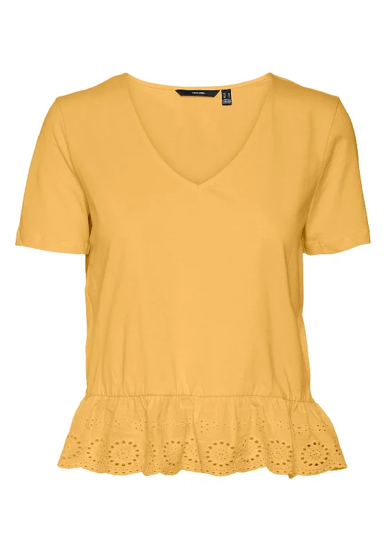 Vero Moda Emily Short Sleeve Peplum V-Neck Top, Golden Cream