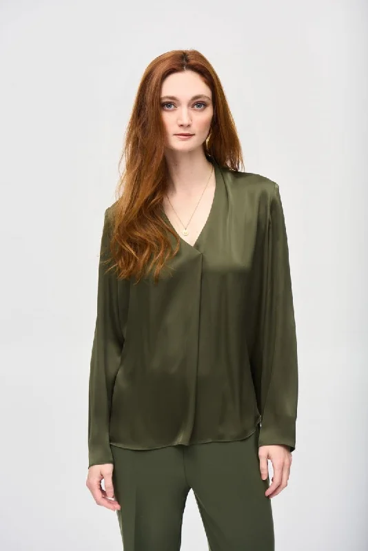 Joseph Ribkoff Pleated V-Neck Long Sleeve Satin Top 243057