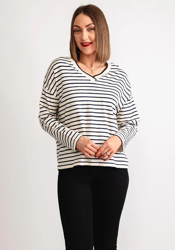 B.Young Rayette Striped V Neck Top, Cream and Navy