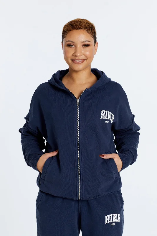 OVERSIZED WASHED ZIP UP HOODIE NAVY