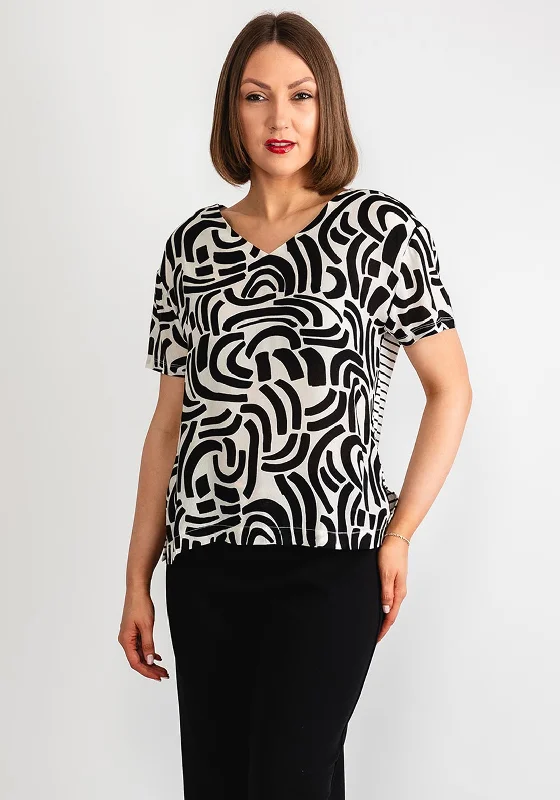 Oui Printed Contrast Back V Neck Top, Black