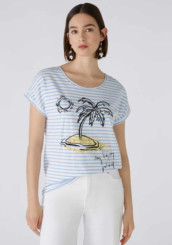 Oui Striped Palm Tree T-Shirt, Light Blue & White