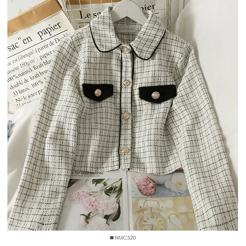 French small Plaid loose Lapel long sleeve small shirt top  2102