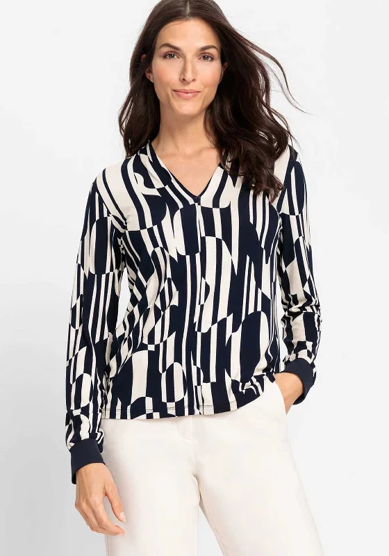 Olsen Hannah Geometric V Neck Top, Navy and Cream