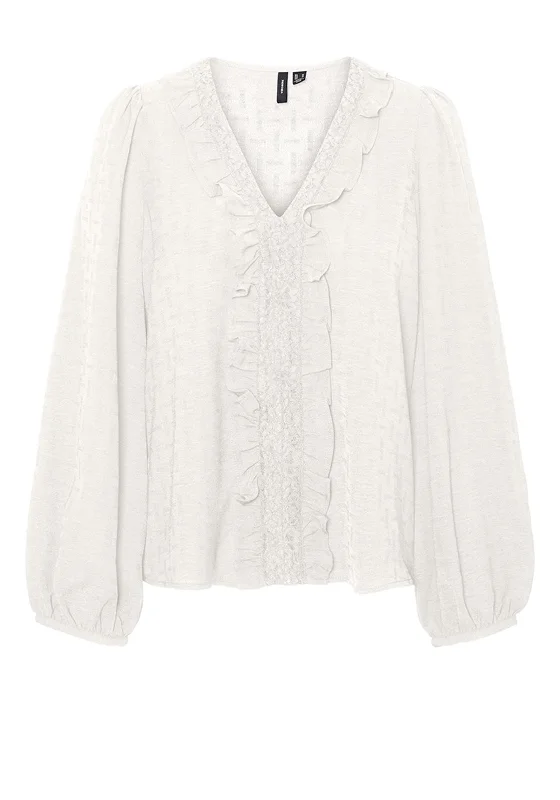 Vero Moda Caren Frill Blouse, Cloud Dancer