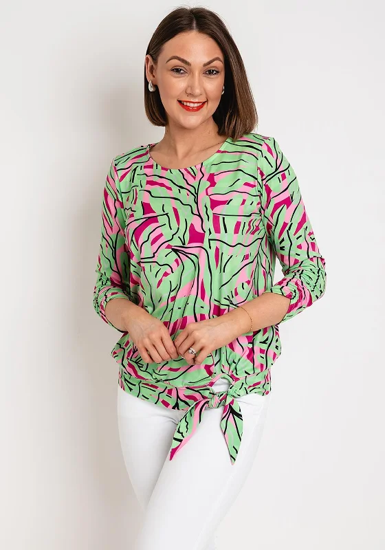 Leon Collection Tie Hem Print Top, Apple Green & Pink