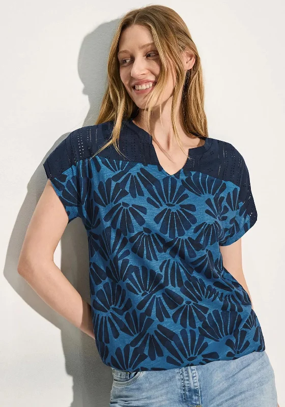 Cecil Embroidery Neck Print Top, Navy & Blue