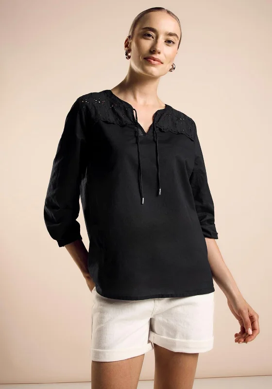 Street One Tie Neck Broidery Top, Black