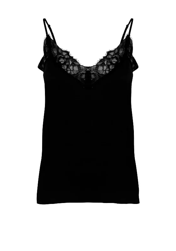 Ichi Lace Trim Neck Cami, Black