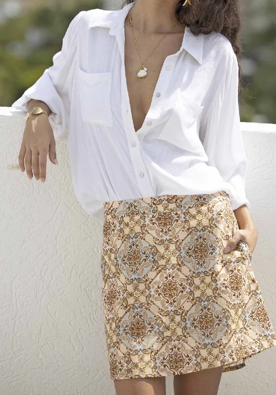 Alexandra scarf print mini skirt + Sydney White Linen Blouse Set