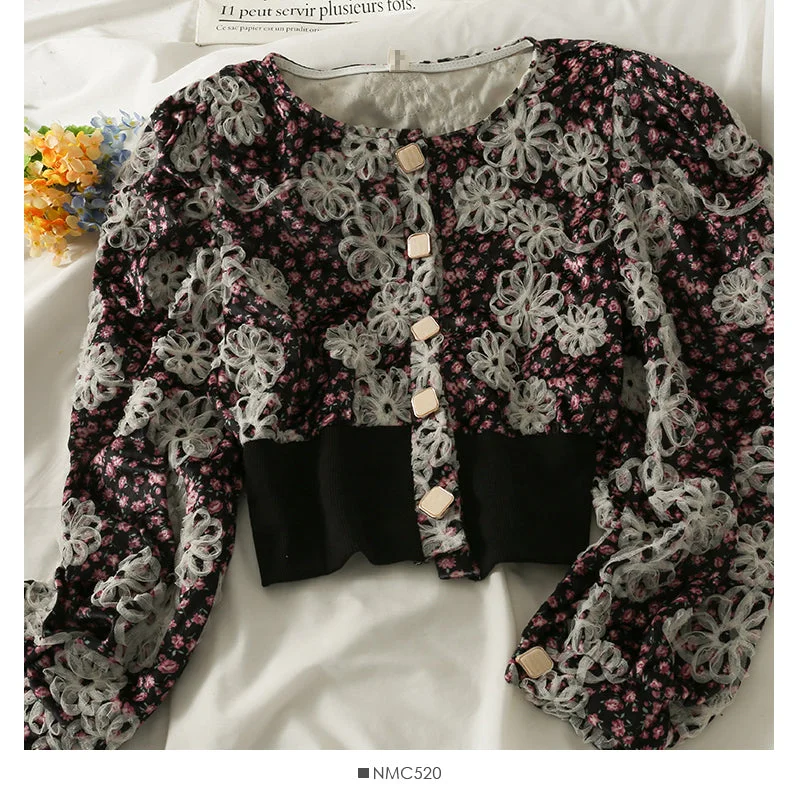 Hong Kong Vintage printed round neck single breasted cardigan top women's jacket  2115