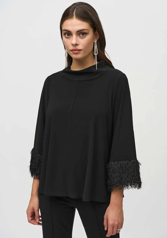 Joseph Ribkoff Fringe Cuff High Neck Top, Black