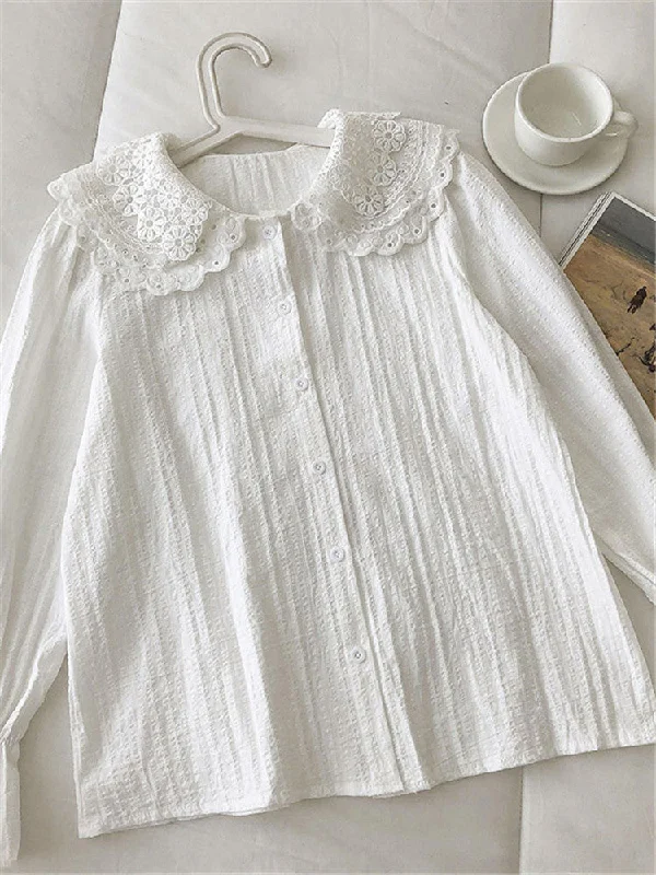 Female Crocheted hollow out baby collar breasted cotton linen shirt  6250