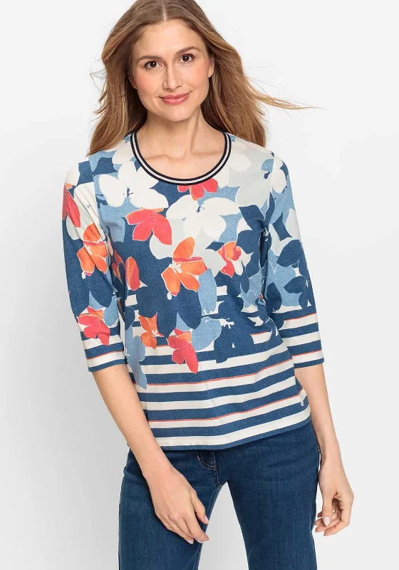 Olsen Edda Floral Striped Top, Ink Blue