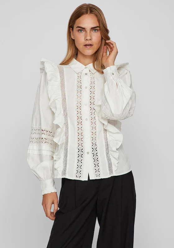 Vila Joselyn Frill Embroidered Trim Detail Blouse, Cloud Dancer