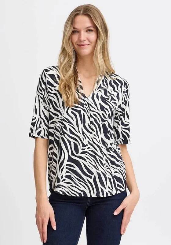 Fransa Flora Zebra Print T Shirt, Black and White