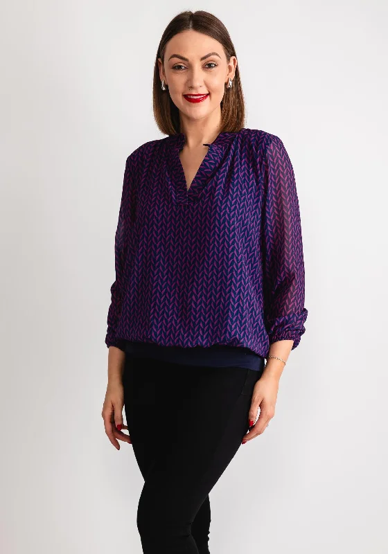 Kate & Pippa Bella Print Banded Hem Top, Navy & Magenta