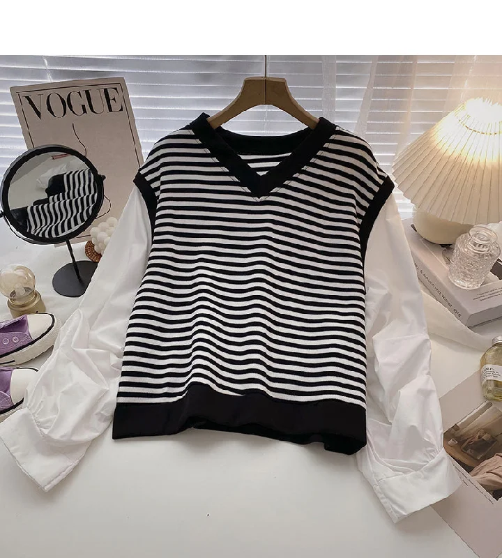 Contrast stripe V-Neck long sleeve shirt  6315