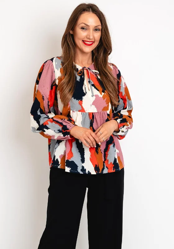 Ichi Tie Neck Textured Print Blouse, Multi