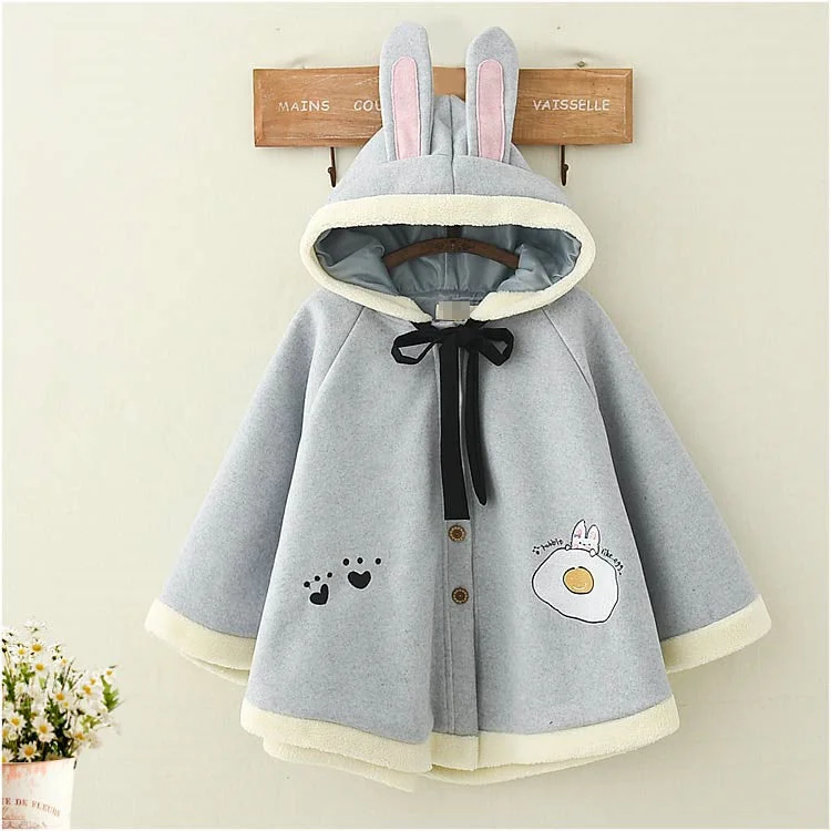 Rabbit ear hooded woolen cape coat PL21253