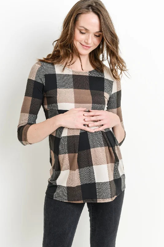 Plaid Front Pleated Maternity Top