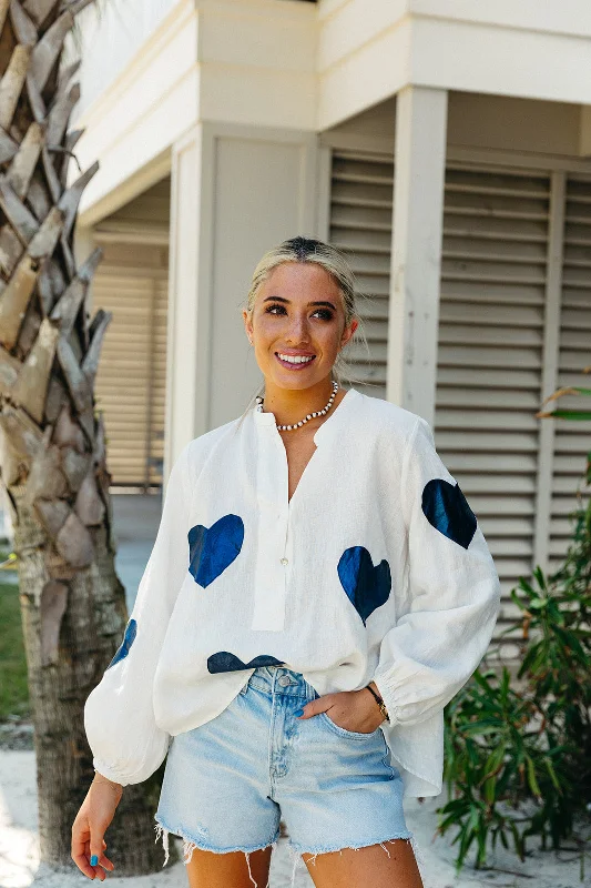 Cupid Linen Shirt - Off-White/Metallic Dark Blue Hearts