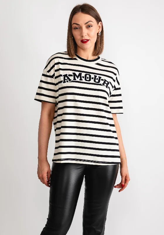 Kaffe Heidi Striped Amour Embroidered T-Shirt, Cream