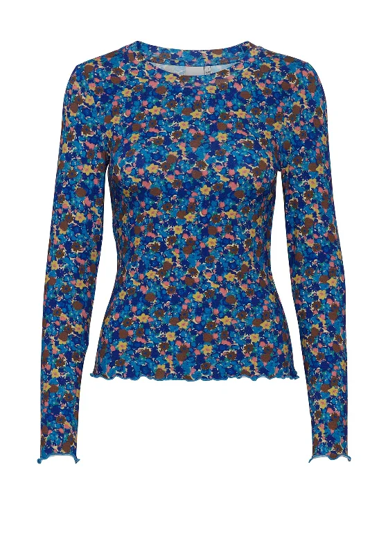 Ichi Floral Long Sleeve T-Shirt, Royal Blue Multi