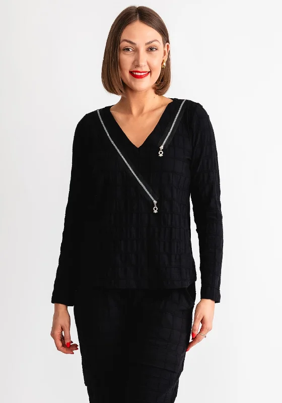 My Soul Grid Zip V Neck Top, Black