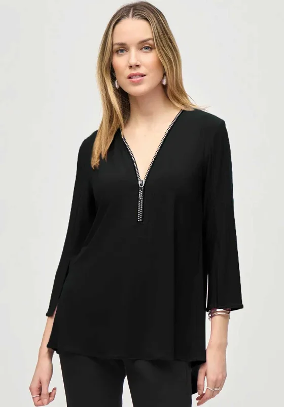 Joseph Ribkoff Zip V Neck Slit Sleeve Top, Black