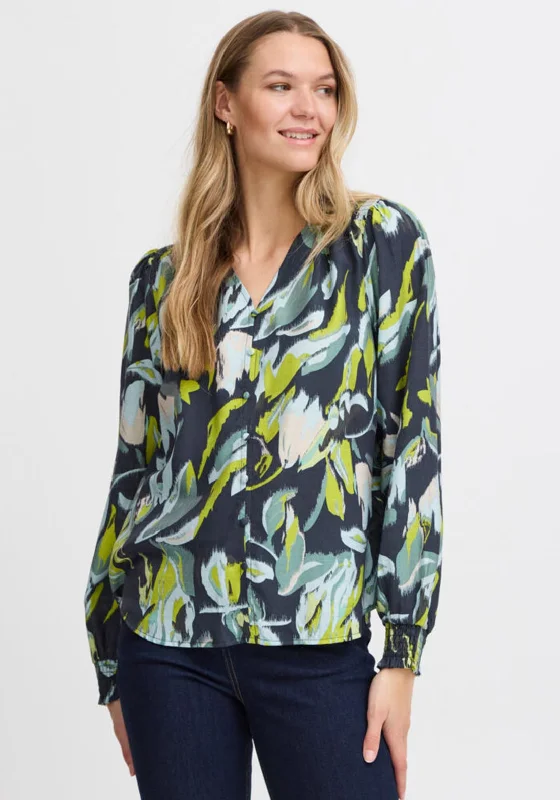 Fransa Leaf Print Blouse, Navy Multi