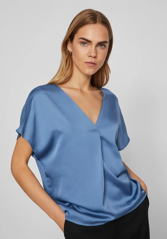 Vila Ellette V-Neck Satin Top, Coronet Blue