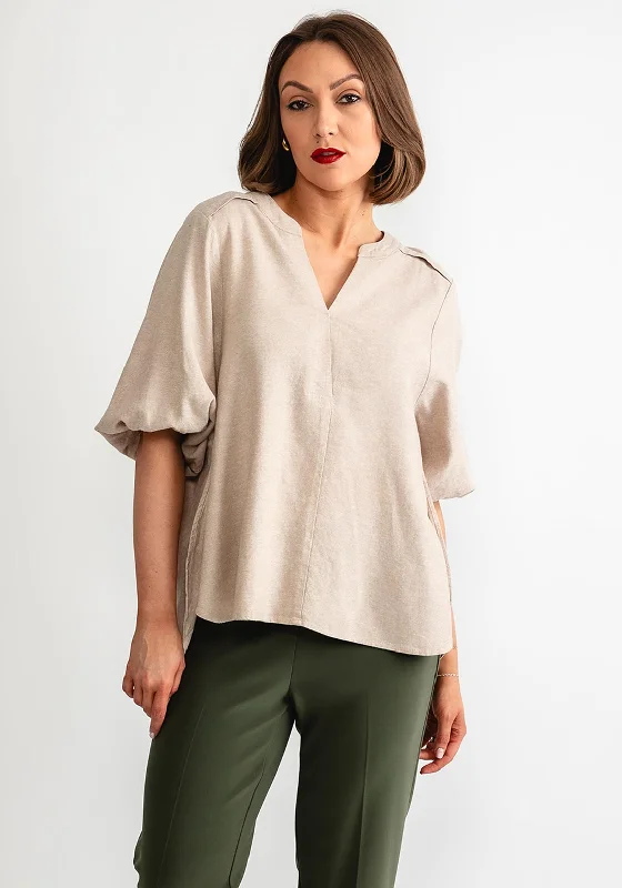 Freequent Lava Volume Sleeve Top, Sand Melange