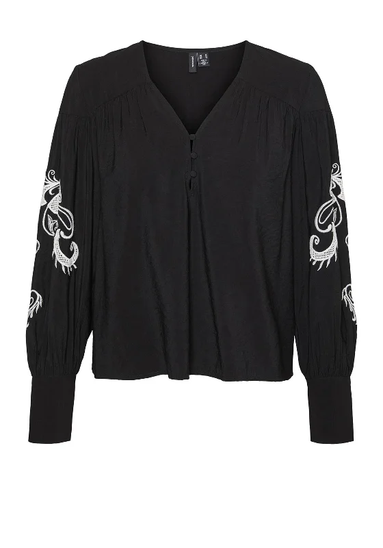 Vero Moda Charlotte Embroidered Sleeve Top, Black