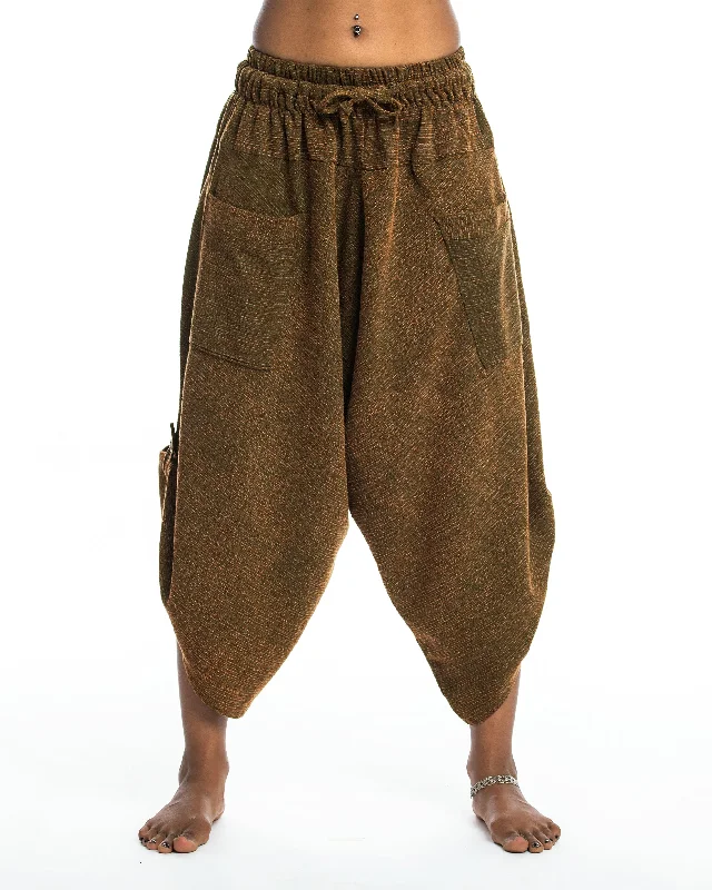 Unisex Stone Washed Large Pockets Harem Pants in Brown Gold