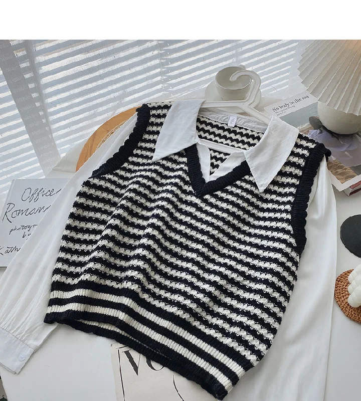 A trendy long sleeved shirt with small foreign style knitted stripe stitching  6331