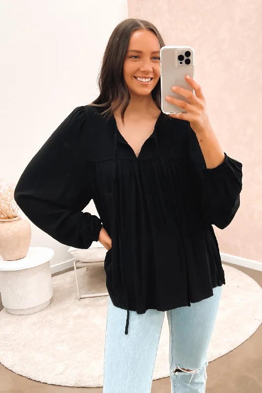 Tegan Solid Shirred Boho Balloon Sleeve Top Black