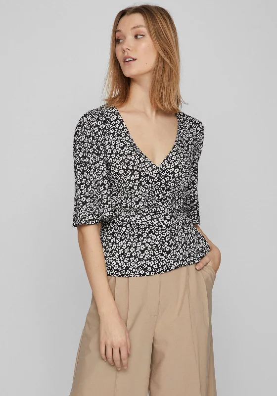 Vila Ditsy Floral Wrap Top, Black