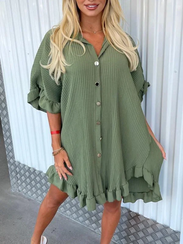 BerryBetty - New Solid Color Shirt Dress Ruffle Sleeve Irregular Shirt Dress