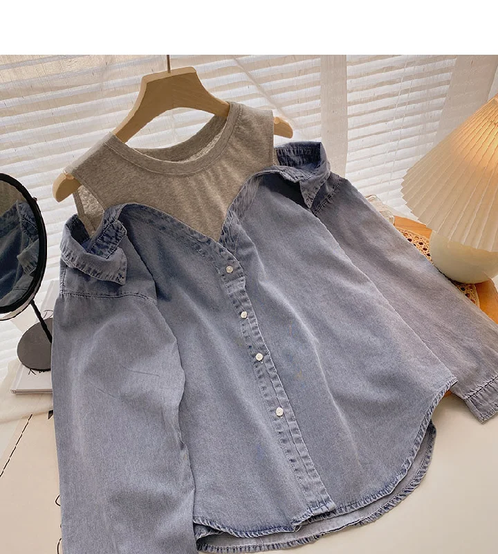 Vintage washed denim shirt women's Korean loose top  6288